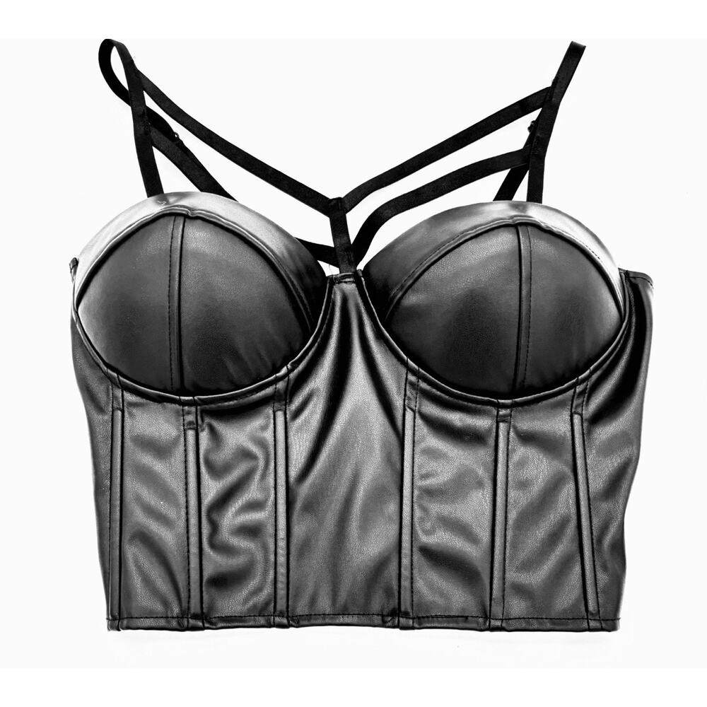 Faux Leather Corset Crop Top Cage Straps Boned Underwire Black Women S